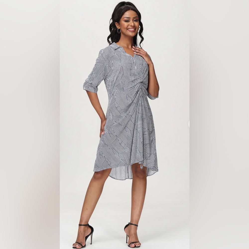 89th & Madison Navy and White Geometric High Low Dress